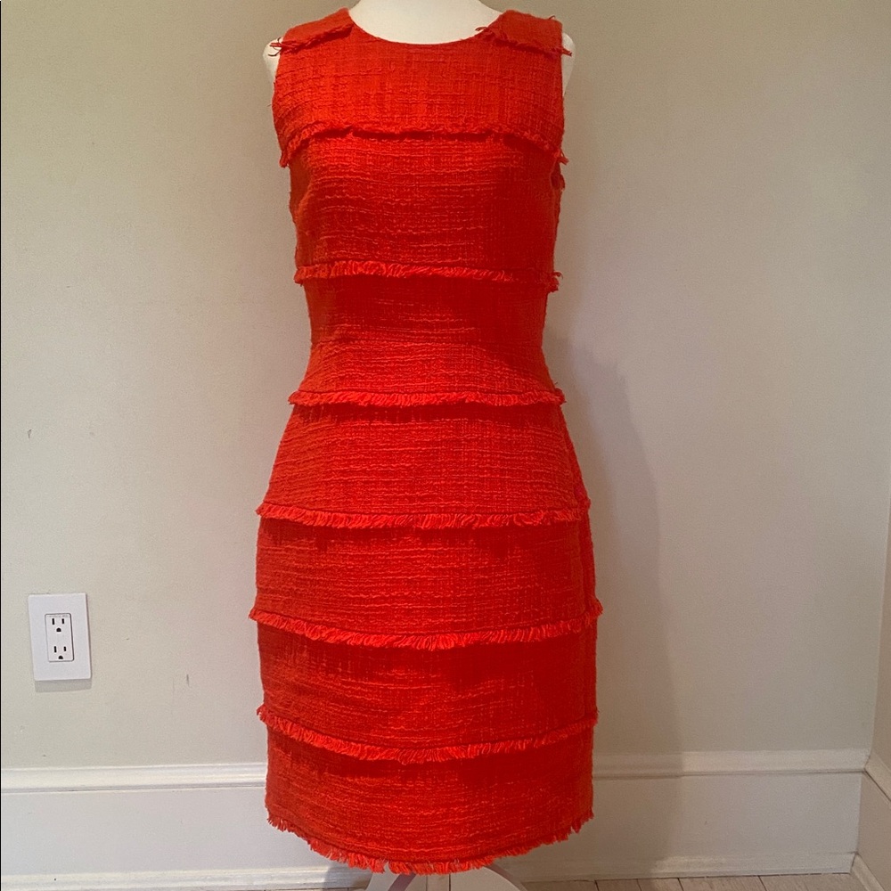 J Crew tweed fringe red orange sheath dress Sz 4